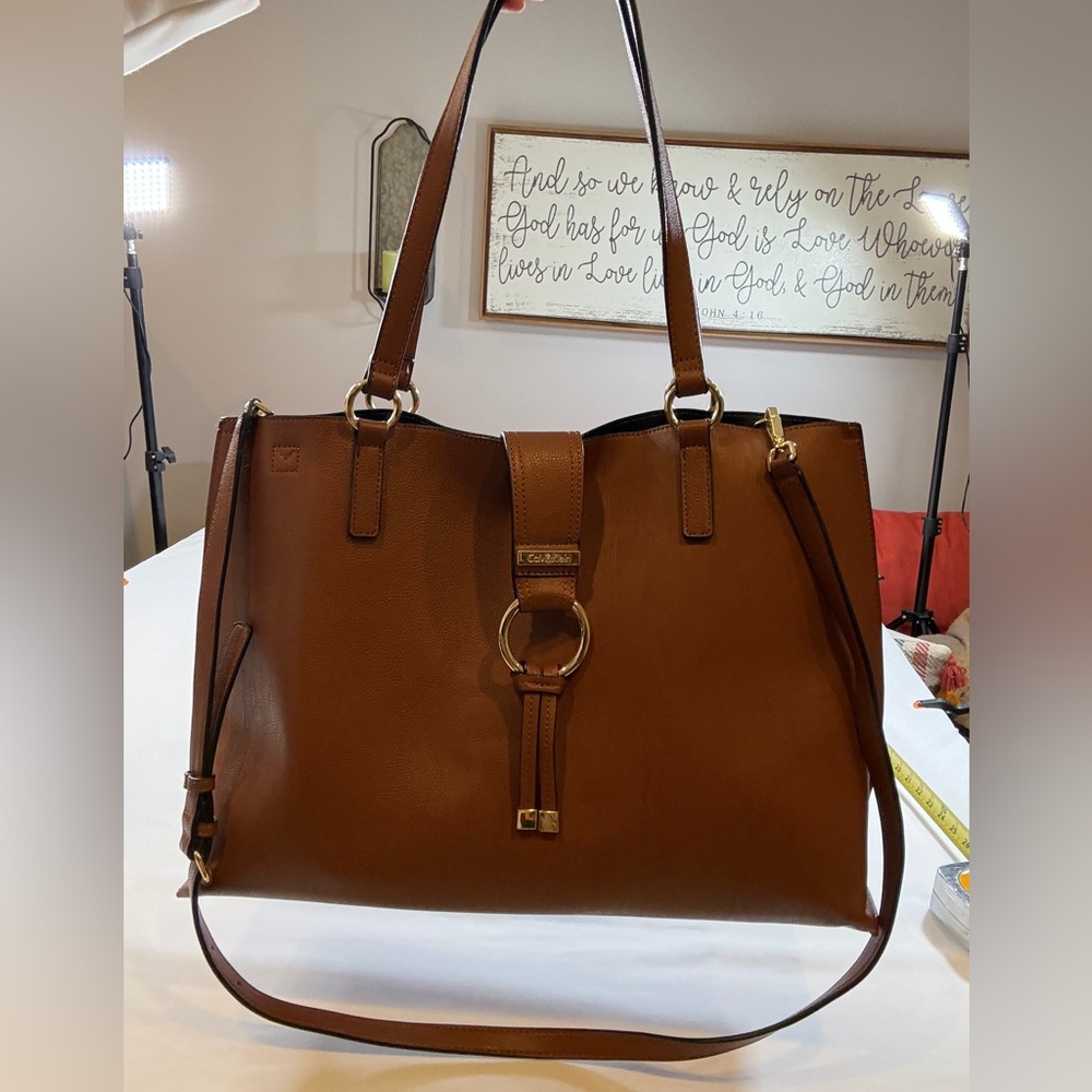Calvin Klein Brown Leather Tote Shoulder Bag Gold  w/ Detachable Wristlet